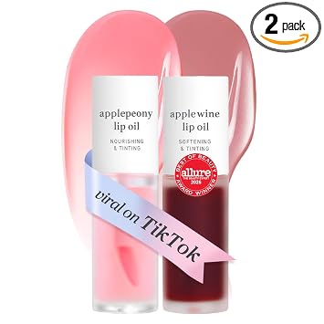 NOONI Juego de aceite de labios coreano, Applepeony y Applewine, de larga duración, hidratante, relleno, revitalizante para labios secos, impermeable, no se despega, rellenos de calcetines para labios