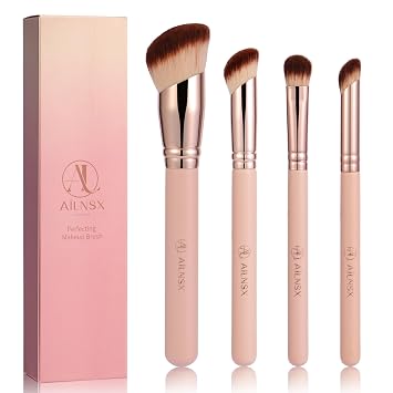 Juego de 4 brochas de maquillaje, 4 brochas de maquillaje rosa para base, rubor, corrector, contorno y polvo, juego de brochas Kabuki en ángulo suave para aplicación de maquillaje líquido