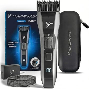 HUMMINGBIRD MK14 BeardMaster - Cortadora de barba prémium para hombres, esfera de precisión, 20 ajustes de longitud ajustable, hoja en T de acero inoxidable, recargable USB-C, impermeable, pantalla LED, estuche de viaje