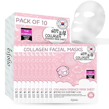 esfolio Máscara Facial en Lámina de Esencia de Colágeno – Máscara Facial Hidratante y Reafirmante para una Piel Radiante – Cuidado Coreano Antienvejecimiento con Colágeno Hidrolizado y Ácido