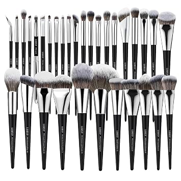 LORYP Juego de brochas de maquillaje profesional 32 piezas, kit de brochas cosméticas negras mate para todo el rostro y ojos de cerdas sintéticas veganas suaves para artistas y entusiastas