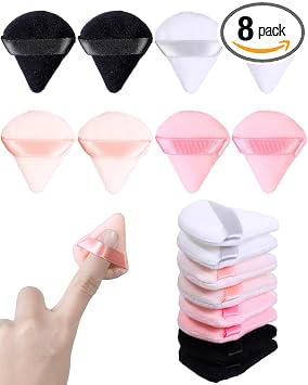 8 mini soplos de polvo, almohadillas de polvo para fijar los dedos para la cara, esponja de maquillaje triángulo de terciopelo pequeño (negro + blanco + piel + rosa + rosa