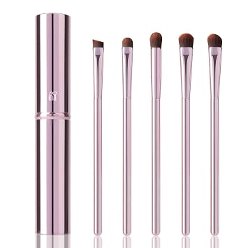 Juego de 5 brochas de maquillaje de ojos, pinceles portátiles para sombra de ojos con estuche de viaje rosa. Delineador de ojos básico, ángulo, corrector, cepillo de cejas inclinado, recomendado por