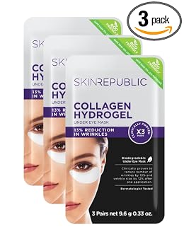 Skin Republic Máscara de hidrogel de colágeno para debajo de los ojos. Clínicamente probado para reducir las arrugas después de un uso. Fabricado en Corea. Paquete de 3 (9 pares de máscaras debajo de
