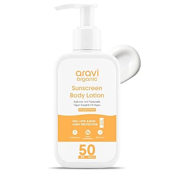 Aravi Organic Loción de protección solar corporal diaria sin aceite SPF 50 de amplio espectro resistente al agua de 80 minutos | niacinamida + ácido hialurónico + péptido de cobre | Seguro para