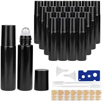 Paquete de 24 botellas enrollables de vidrio negro de 0.3 fl oz con rodillos de acero inoxidable, aplicadores recargables enrollables para aceites esenciales, aceite de ricino, aromaterapia y