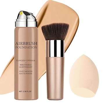 Aerógrafo, base de maquillaje en aerosol, base de maquillaje impermeable de larga duración para iluminar, corrector e hidratación, acabado mate natural, brocha y esponja de maquillaje incluidos, 2.36 onzas (#2 Beige)