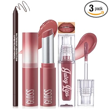 Noerrors Juego de 3 piezas de labios, delineador labial marrón mate + bálsamo labial hidratante + tinte de brillo labial jugoso cereza ciruela, alto brillo, antiadherente, duradero, ligero, de alto pigmento