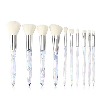Tenmon - Juego de 10 brochas de maquillaje, mango transparente de cristal, base de polvo Kabuki, corrector de sombra de ojos, delineador de ojos y cejas (blanco)