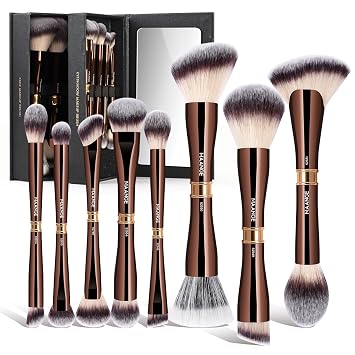 MAANGE Juego de brochas de maquillaje con espejo, brochas de maquillaje Kabuki de doble punta para base, contorno, polvo líquido, corrector de sombras de ojos, crema, cosméticos, mezcla, rubor
