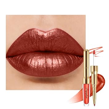 Lápiz labial metálico bronce y delineador de labios combinado con purpurina