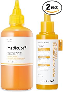 medicube Dúo facial de cáscara y tono de cúrcuma de ácido kójico: disparo de cáscara de cúrcuma y tónico suavizante de ácido kójico | Exfoliación facial suave y cuidado de refinación de tono para tono y textura desiguales de piel