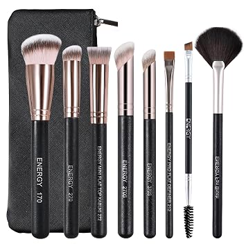 Juego de brochas de maquillaje ENERGY - 8 piezas de brochas profesionales para base, corrector, sombra de ojos, mezcla, contorno, polvo, delineador, fibra sintética vegana, kit de viaje portátil con