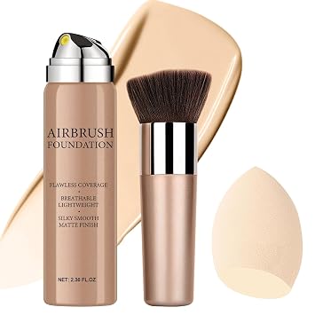 Aerógrafo, base de maquillaje en aerosol, base de maquillaje impermeable de larga duración para iluminar, corrector e hidratación, acabado mate natural, cepillo y esponja de maquillaje incluidos, 2.36 onzas (#3 Nude)