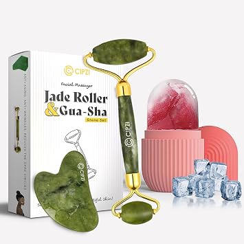Face Massager For Women Reusable Silicon Ice Cube Roller Massage And 100% Natural Jade Roller with Gua Sha Stone Set Facial Roller For Skin Eye Neck Body