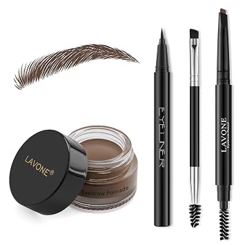 Kit de maquillaje LAVONE con lápiz de sello para cejas, lápiz de cejas impermeable y pomada, delineador de ojos, cepillo de cejas de doble punta, marrón oscuro