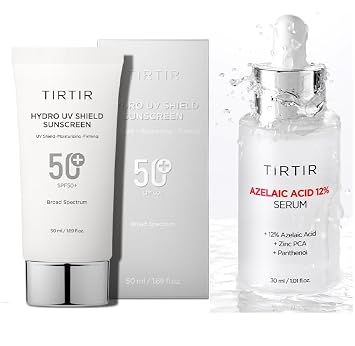 TIRTIR Protector solar y suero de ácido azelaico – Dúo de cuidado solar, protección SPF 50+ UVA/UVB, ligero, sin yeso blanco, no graso, protector solar coreano, calmante, equilibrante, exfoliante