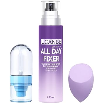 UCANBEMAKEUP Kit de Spray Fijador de Maquillaje de Larga Duración - 6.76 fl oz Bruma Hidratante de Acabado Mate Ligera para Rostro + Botella de Spray de Tamaño de Viaje + Esponja Puff Set de