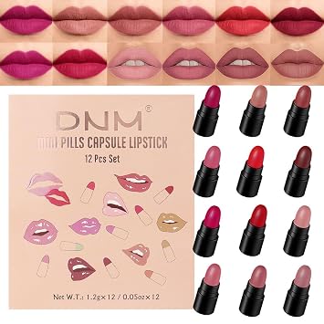 evpct Juego de 12 Mini Cápsulas de Lápiz Labial en Pastilla para Mujeres Impermeable de Larga Duración, Rubí Oscuro Ciruela Rosa Rojo Nude Rosa Malva Marrón Topo Mate Pequeño Mágico Permanente Lápiz