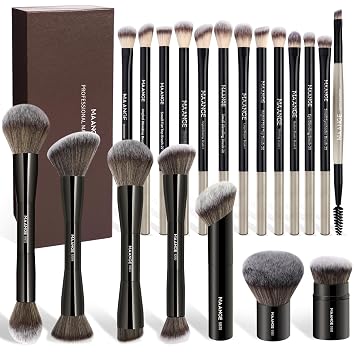 MAANGE 20 brochas de maquillaje con caja de regalo, brochas de maquillaje multifuncionales de doble extremo para mezclar polvo líquido, corrector de crema y rubor, color negro
