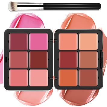 Paleta de maquillaje de 12 colores en crema [rubor] para mejillas - Kit de paleta de maquillaje de rubor todo en uno con brocha, natural mate de larga duración, impermeable, mezclable (#01)