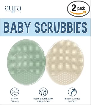 S&T INC. Cepillos de baño exfoliantes y de masaje para la costra láctea del bebé, de silicona - 2 pulgadas x 2.5 pulgadas, verde salvia y crema, paquete de 2