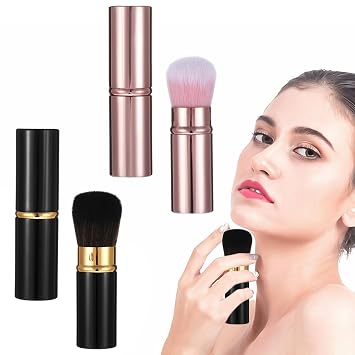 Luxe Beauty - Juego de brochas de maquillaje retráctiles, negro y oro rosa, base Kabuki de doble punta y pinceles para rubor con cerdas de nailon de seda, tamaño de viaje de 3.4 pulgadas, paquete de 2