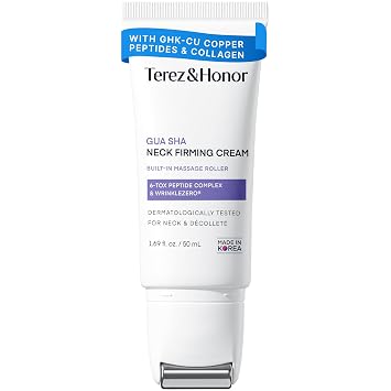 TEREZ & HONOR Crema reafirmante para el cuello Gua Sha: cuidado coreano de la piel, retinol, colágeno y péptido de cobre GHK-CU - Apriete y levantamiento para cuello, cara y escote con rodillo de
