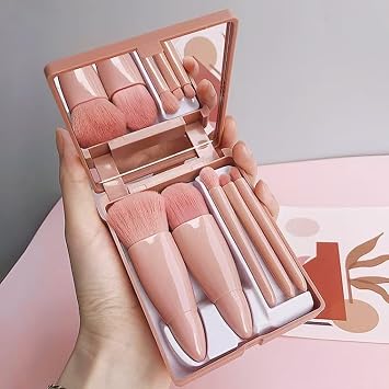5Pcs Travel Size Makeup Brush Set with Mirror, Mini Portable Cosmetic Brush Kit for Foundation, Powder, Eyeshadow - Complete Function, for On-The-Go Makeup, Brown