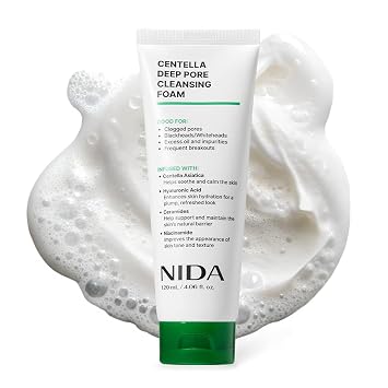 NIDA Centella Deep Pore Cleansing Foam | Centella Asiatica, ácido hialurónico, ceramidas, niacinamida | Poros obstruidos, puntos negros/puntos blancos, bueno para impurezas y brotes | 4.06 onzas, 4.1