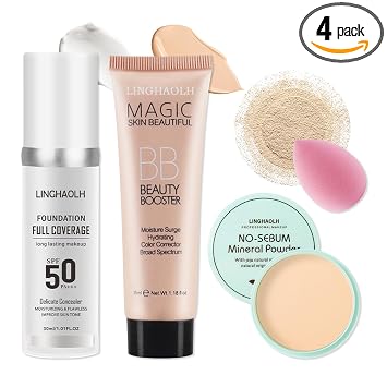 Base líquida que cambia de color y base correctora de cobertura completa, base de base de maquillaje, crema BB hidratante y polvo facial de ajuste suelto con esponja de maquillaje