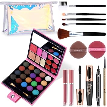 Juego completo de maquillaje para mujer, paleta de maquillaje de 32 colores, juego de 5 brochas, rímel y delineador líquido con sello, lápiz para cejas, 2 lápices labiales líquidos mate, 2 esponjas de