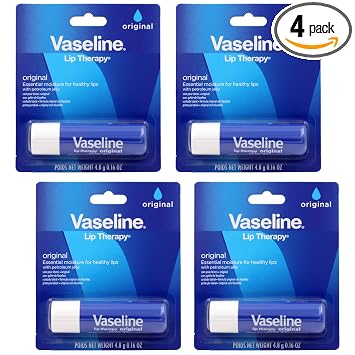 Vaseline Lip Therapy Care Original, nutrición de acción rápida, ideal para labios agrietados, secos, agrietados o dañados, bálsamo labial, 0.16 onzas (paquete de 4)