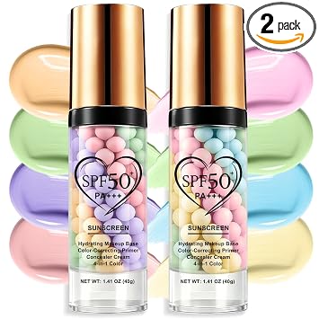 2 unidades de imprimación 4 en 1 para la cara antes del maquillaje, SPF 50, crema aislante de protección solar, corrector de color en un solo paso, difumina imperfecciones, control de aceite e