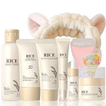 Conjunto de cuidado de la piel de arroz para mujeres y niñas – Conjunto coreano de cuidado de la piel con limpiador de arroz, tónico, suero, crema facial, crema para ojos, protector solar, rodillo de