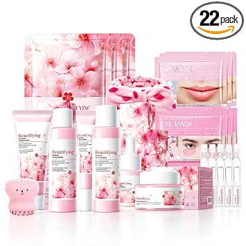 Cherry Blossom - Juego de cuidado de la piel de niacinamida, 22 piezas de rutina facial con máscara facial, máscaras de ojos, máscaras de labios, limpiador, tónico, humectante, suero, diadema y