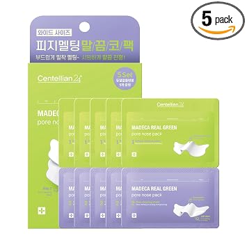 CENTELLIAN 24 Madeca - Parche de nariz verde real (0.24 onzas líquidas, paquete de 5) – Hoja de biocelulosa de doble paso, reduce puntos blancos y puntos negros, calma y aprieta los poros, cuidado de la piel coreano. TECA, liposoma