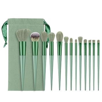 Generic Makeup Brush Set 13 Pcs Soft-bristled Synthetic Powder Eyeshadow Foundation Contour Highlight Blush Eyebrow Concealer Lip Brush Set Green