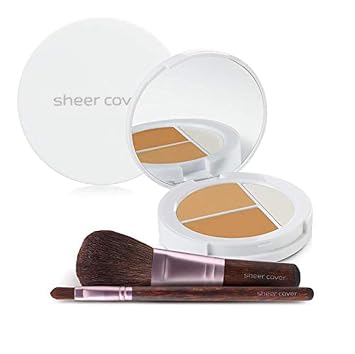 Sheer Cover Kit facial impecable - Base mineral de sombra perfecta - Trío de luces ocultas e iluminadas - con pincel de base y pincel corrector GRATIS - Sombra bronceada - 4 piezas
