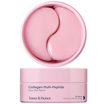 TEREZ & HONOR Parches de colágeno con péptidos para debajo de los ojos - 60 mascarillas coreanas de hidrogel reafirmantes, iluminadoras e hidratantes para ojos hinchados, ojeras, arrugas, líneas finas