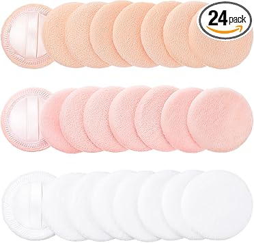 Dimeho 24 piezas de polvo de maquillaje de cara redonda para el cuerpo, almohadillas de terciopelo con correa para polvos sueltos y prensados, esponja cosmética, aplicadores de maquillaje para mujeres