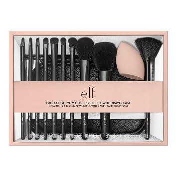 e.l.f. Juego de brochas de maquillaje completo para cara y ojos con estuche de viaje, 11 brochas para cara y ojos para crear un look de maquillaje completo, vegano y sin crueldad