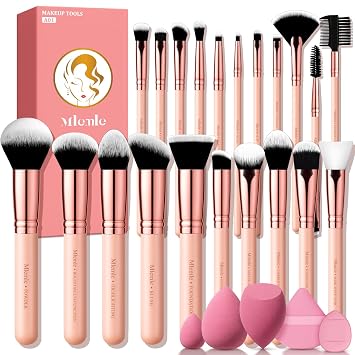 Juego de Brochas de Maquillaje, Mlemle Profesional 26 Piezas Kit de Maquillaje, Incluye Polvo Base Correctores Rubor Sombras de Ojos Cejas 21 Piezas Brochas de Maquillaje y 2 Borlas de Polvo, 3