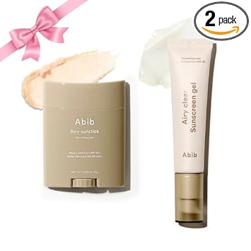 Abib Airy Sun Care Duo, amplio espectro duo, juego de protector solar ligero semimate, sin color blanco, acabado similar a una imprimación borrosa de poros, protector solar coreano, 2 unidades