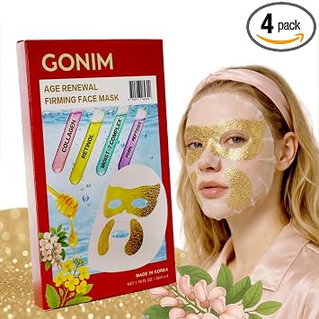 GONIM Máscara facial coreana con parches integrados para debajo de los ojos, PDRN, máscara facial de colágeno, retinol y cafeína, mascarillas hidratantes, regalos para el cuidado de la piel para mujeres, antienvejecimiento, 1.18 ozx4