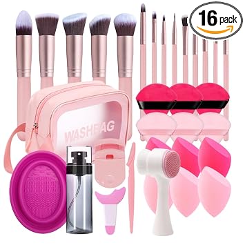 Juego de 33 piezas de brochas para base de maquillaje con esponjas, rizadores de pestañas, borlas de polvo, cuencos de silicona para lavado, ayudas para ojos, botellas de spray nano, cepillos