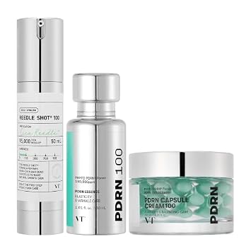 VT COSMETICS Reedle Shot & PDRN - Trío de cuidado de la piel para vidrio, piel de aspecto más suave: suero Reedle Shot 100, crema de cápsula PDRN 100 Essence y PDRN, rutina brillante, cuidado de la