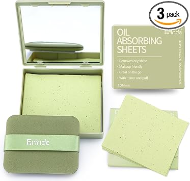 Erinde Hojas Absorbentes de Aceite para Rostro con Espejo y Borla, 300 Hojas de Papel Absorbente de Aceite para Piel Grasa, Hoja Absorbente de Aceite Facial, Película Natural de Control de Aceite