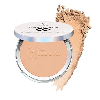 IT Cosmetics CC+ Airbrush Perfecting Powder Foundation - Base de maquillaje en polvo prensado de cobertura ligera a completa, difumina poros y manchas oscuras, maquillaje facial antienvejecimiento