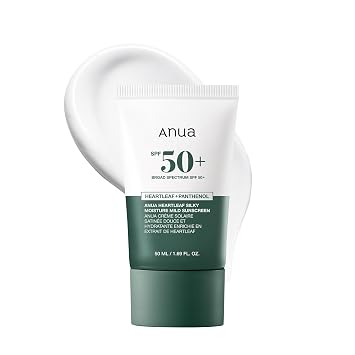 Anua Heartleaf Silky Moisture Mild Sunscreen, Protector solar de amplio espectro SPF 50+ con fórmula hidratante, Protector solar coreano ligero, acabado natural, vegano, cuidado de la piel coreana